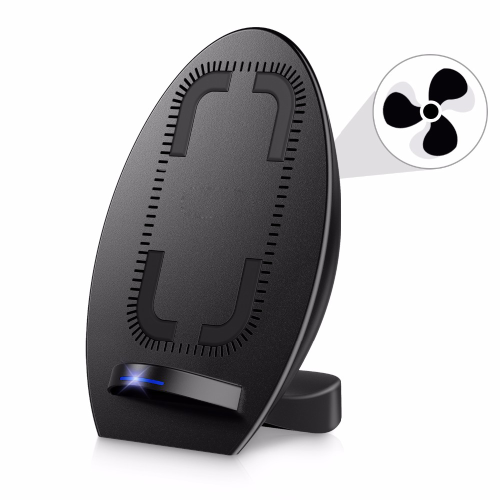 Newest Hotsale built-in power cooling fan 10W Qi Fast Wireless Charger Stand for iphone 8/8Plus/X, Samsung Galaxy Note 5, S6, S7